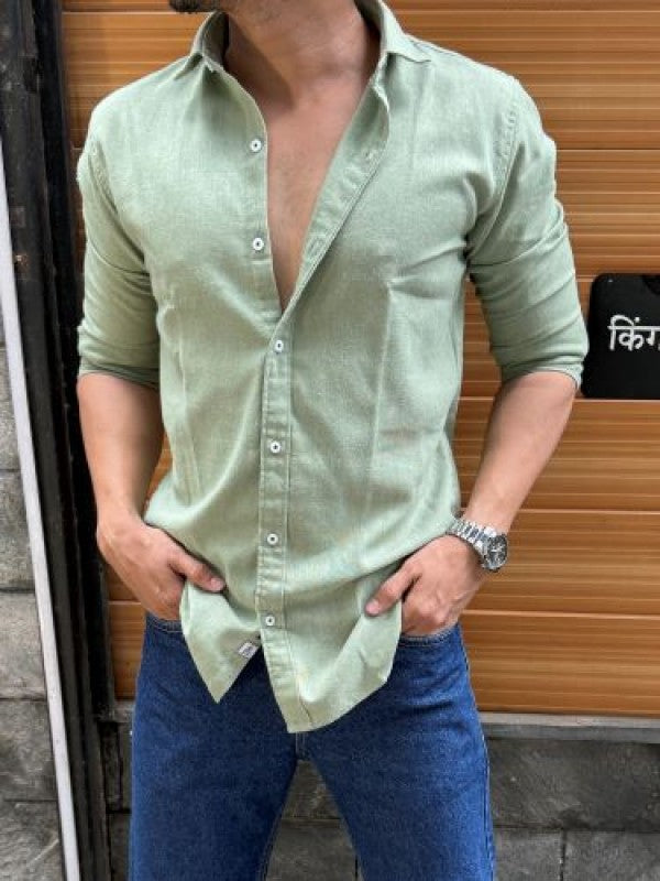 Solid Cotton Full sleeve Green Shirt