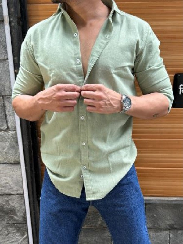 Solid Cotton Full sleeve Green Shirt