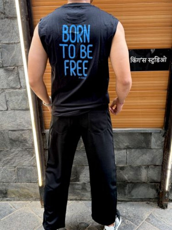 Sleeveless Black Stretchable Cotton Tee (BORN TO BE FREE)