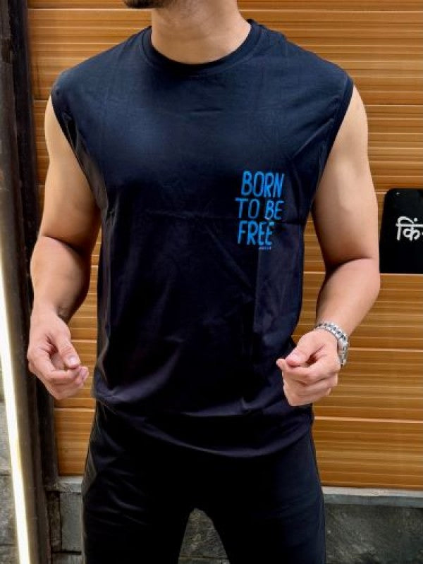 Sleeveless Black Stretchable Cotton Tee (BORN TO BE FREE)