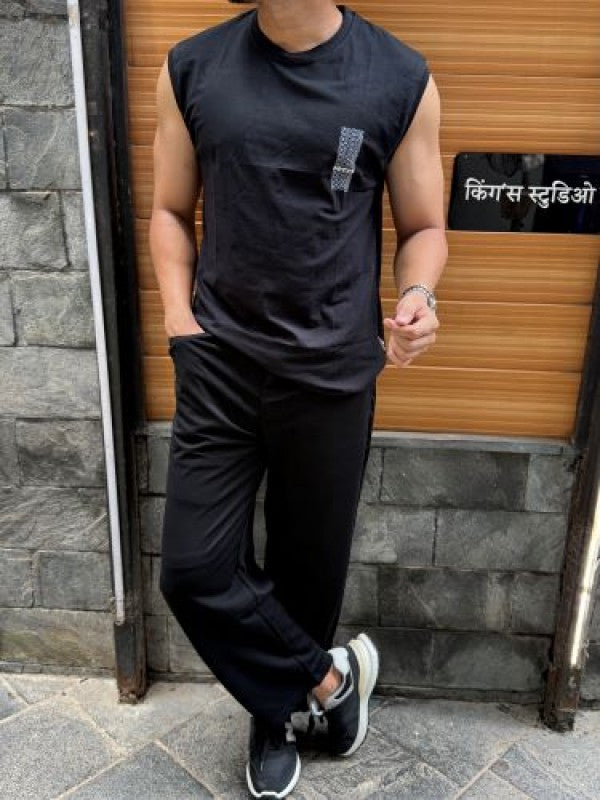 Sleeveless Black Stretchable Cotton Tee (Focus)