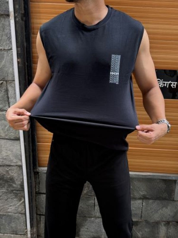 Sleeveless Black Stretchable Cotton Tee (Focus)