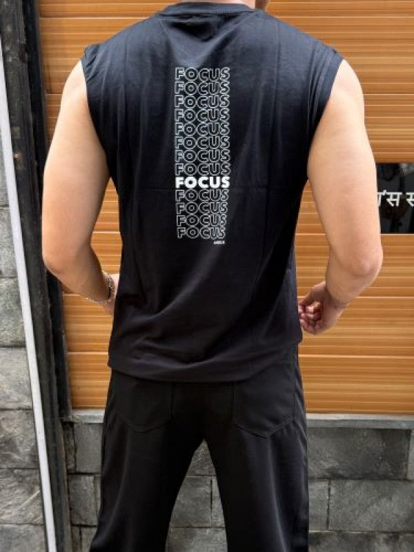 Sleeveless Black Stretchable Cotton Tee (Focus)
