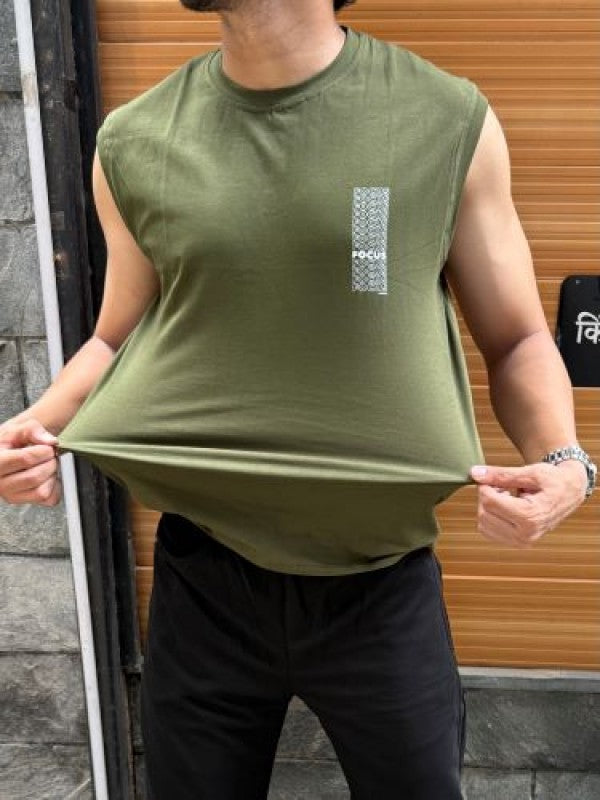 Sleeveless Green Stretchable Cotton Tee (Focus)