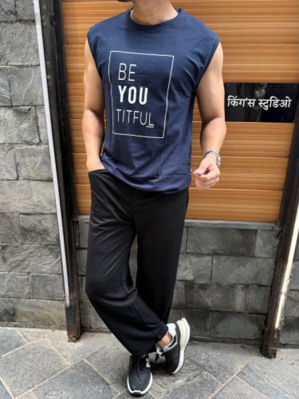 Sleeveless Navy Stretchable Cotton Tee (Beautiful)