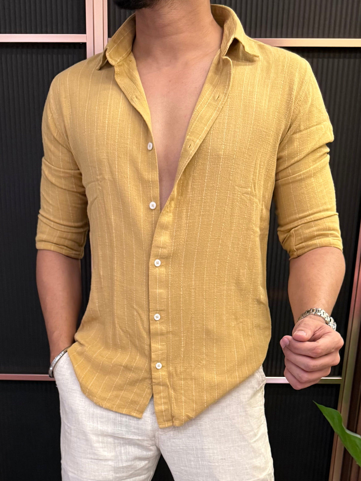 Linen Striper Yellow Full sleeve Shirt