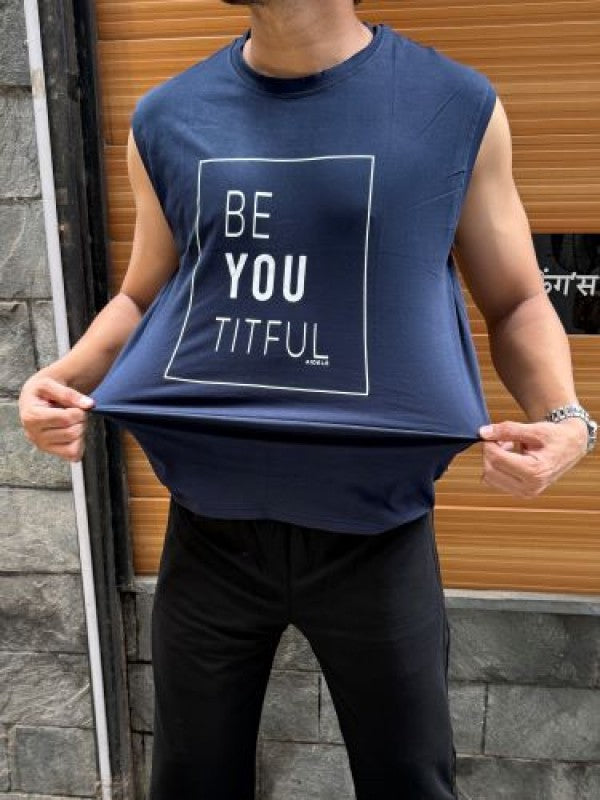Sleeveless Navy Stretchable Cotton Tee (Beautiful)