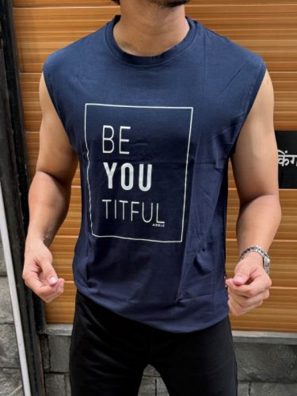 Sleeveless Navy Stretchable Cotton Tee (Beautiful)