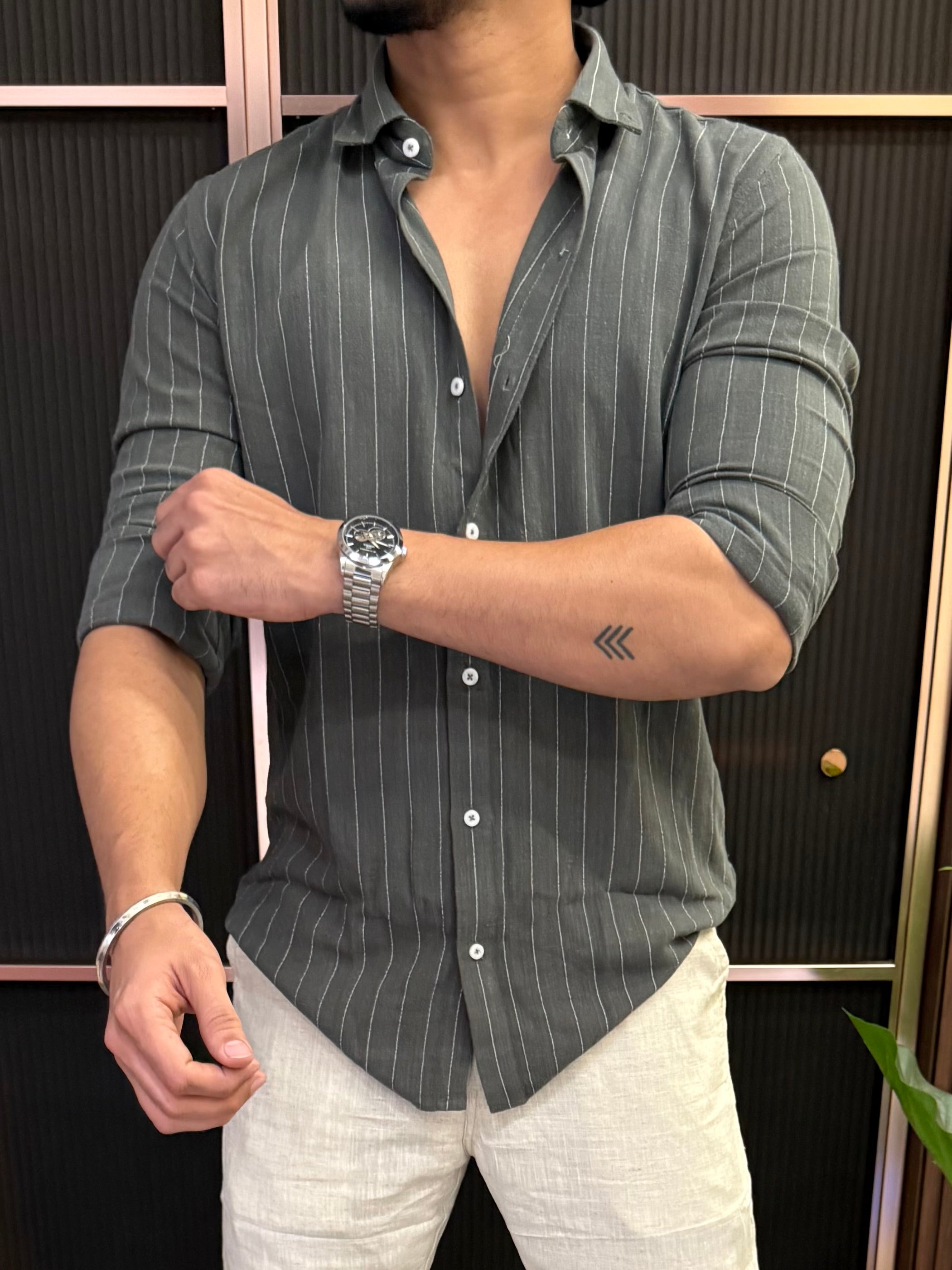 Linen Striper Grey Full sleeve Shirt