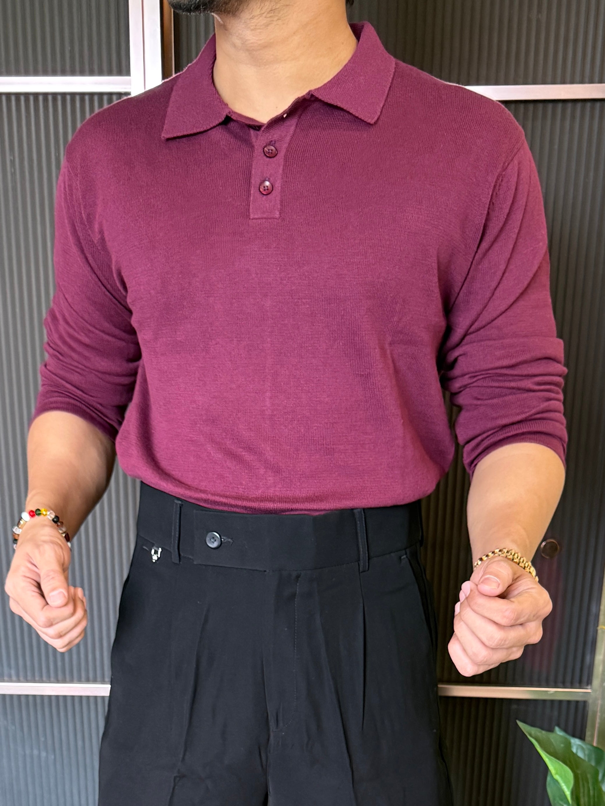 Knitted Collar Maroon Fullsleeves