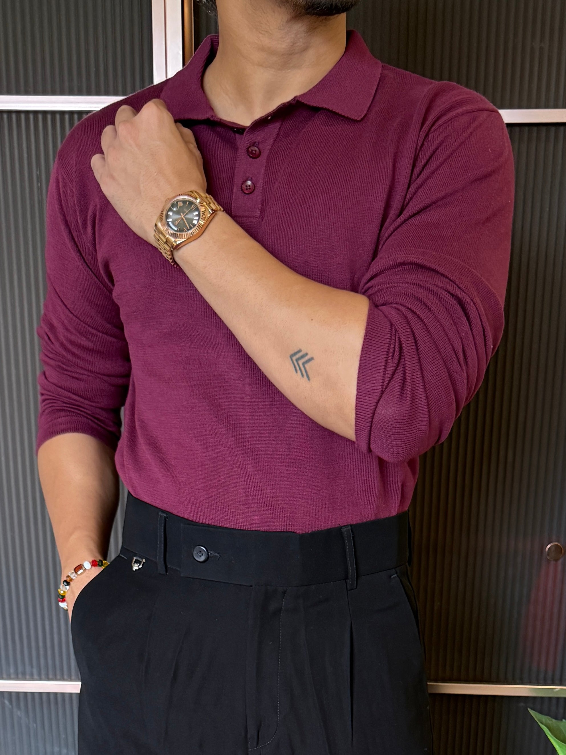 Knitted Collar Maroon Fullsleeves
