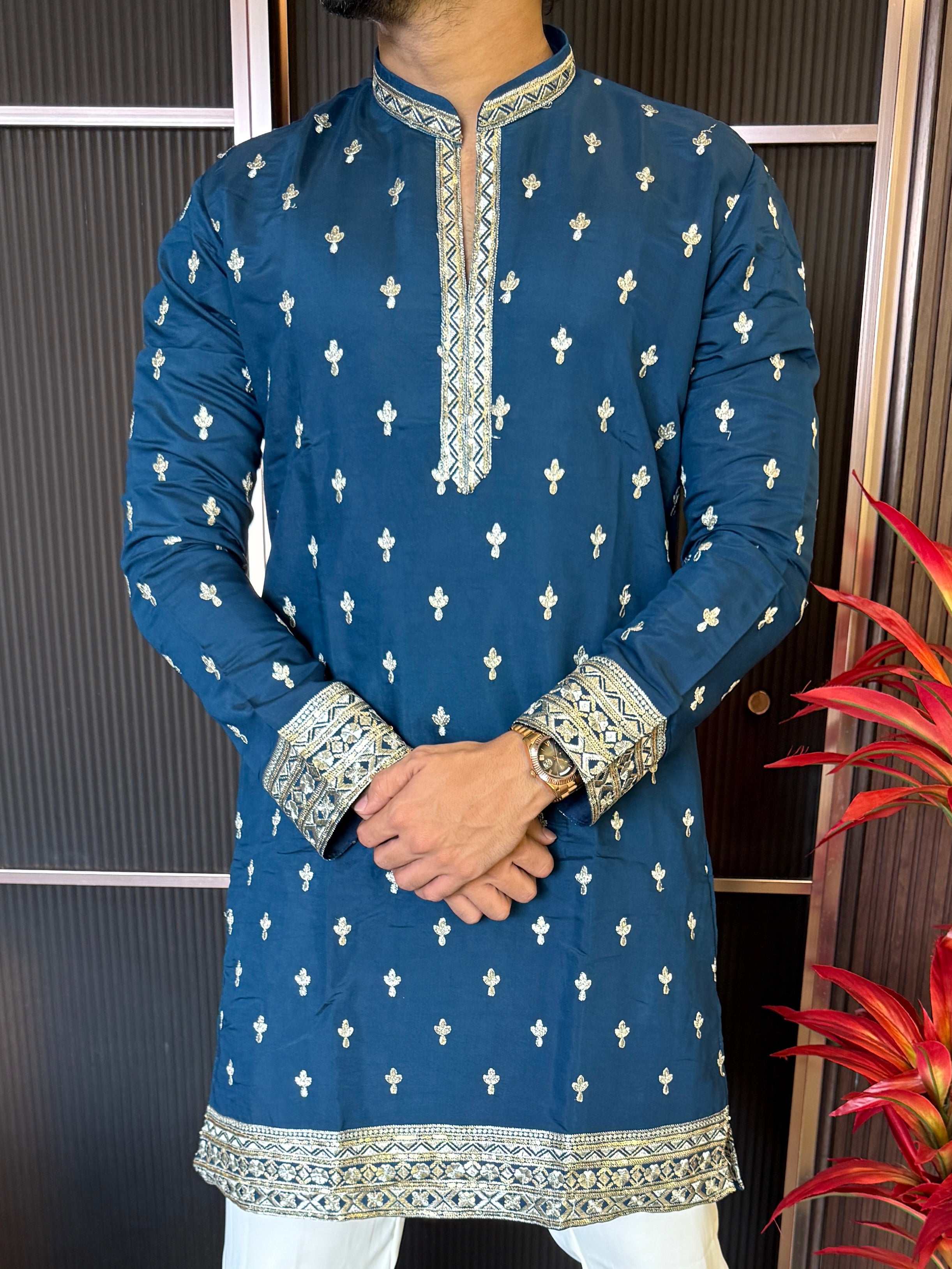 V Neck Blue Work Kurta