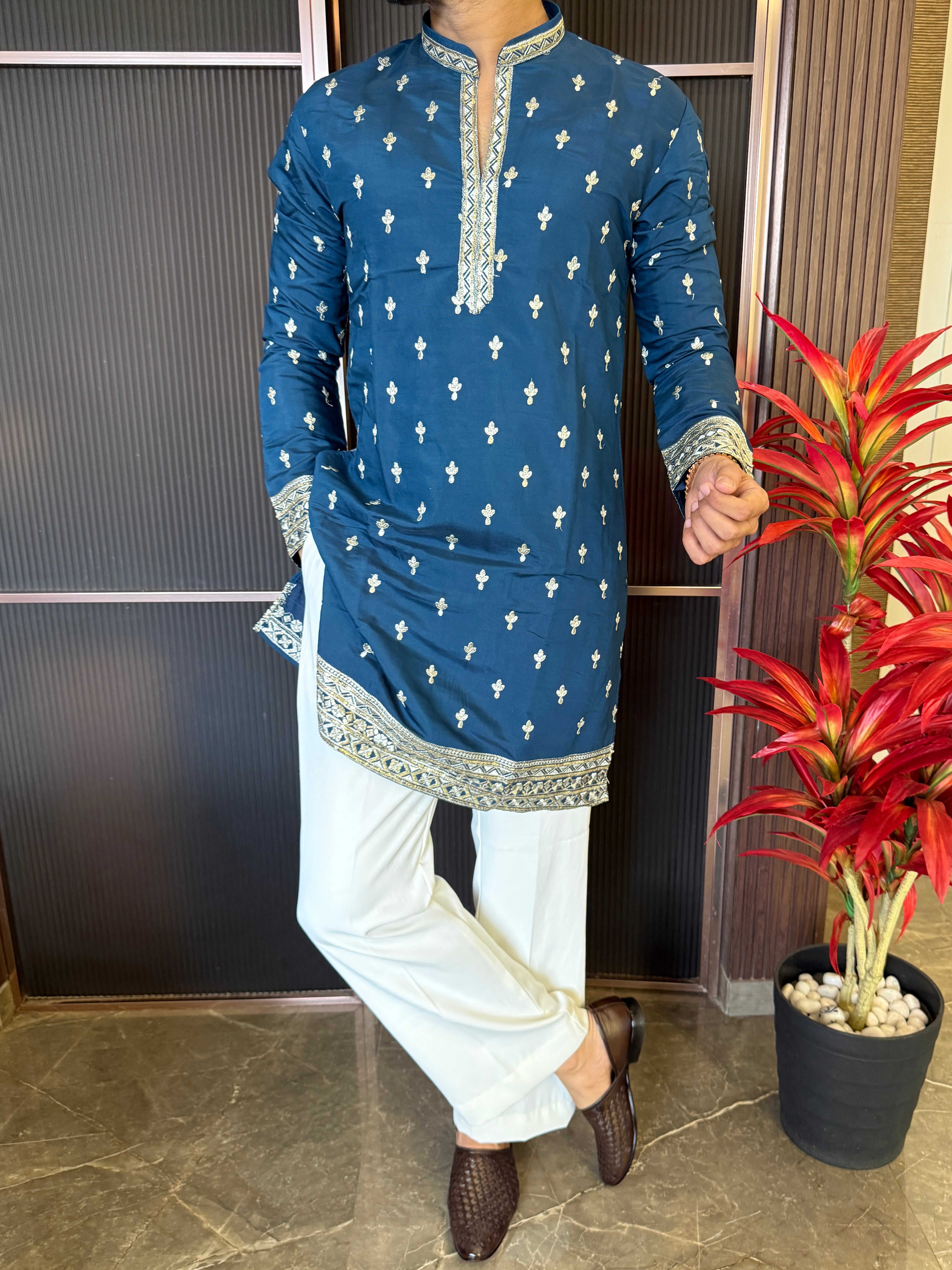 V Neck Blue Work Kurta