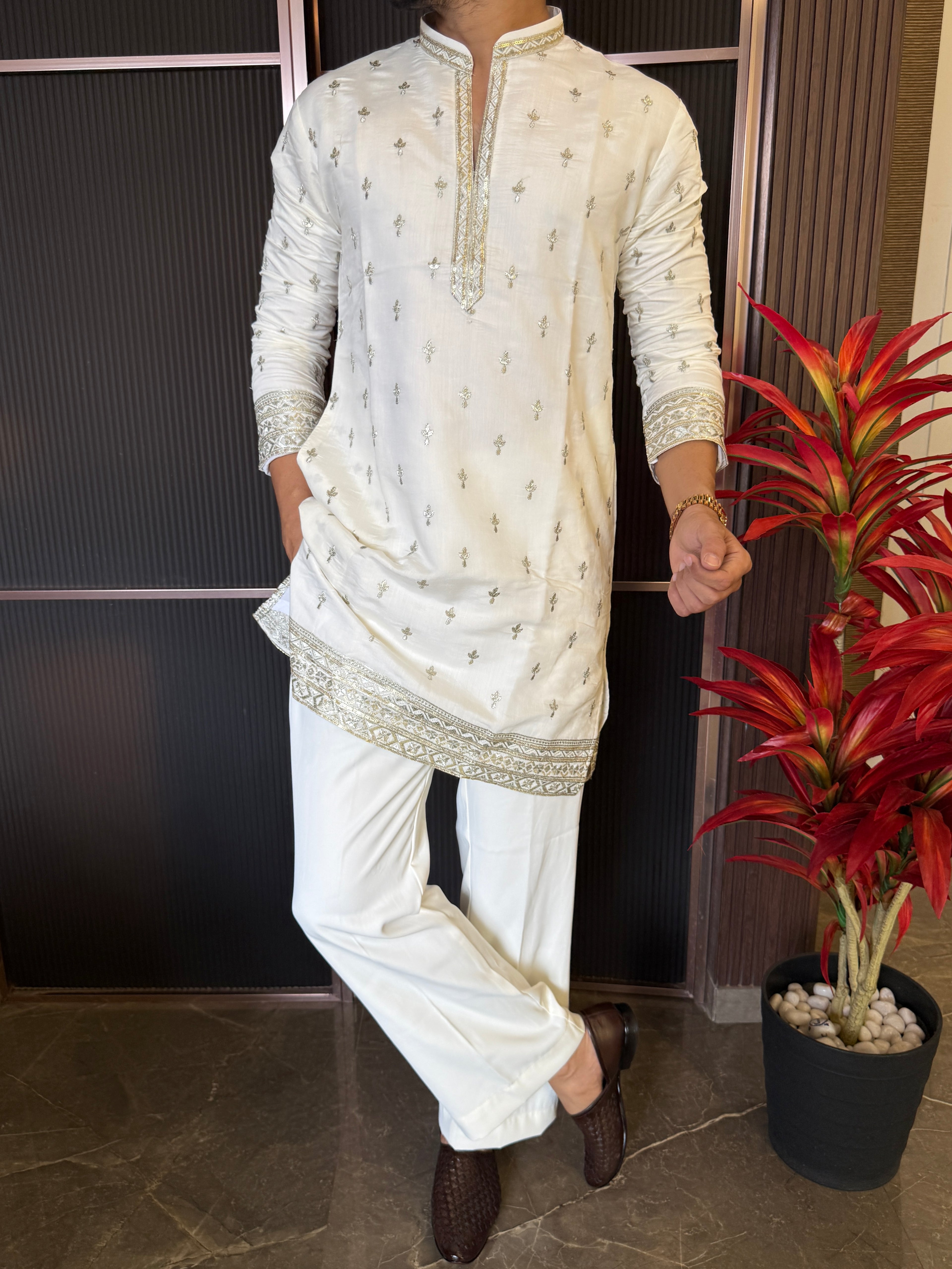 V Neck White Work Kurta
