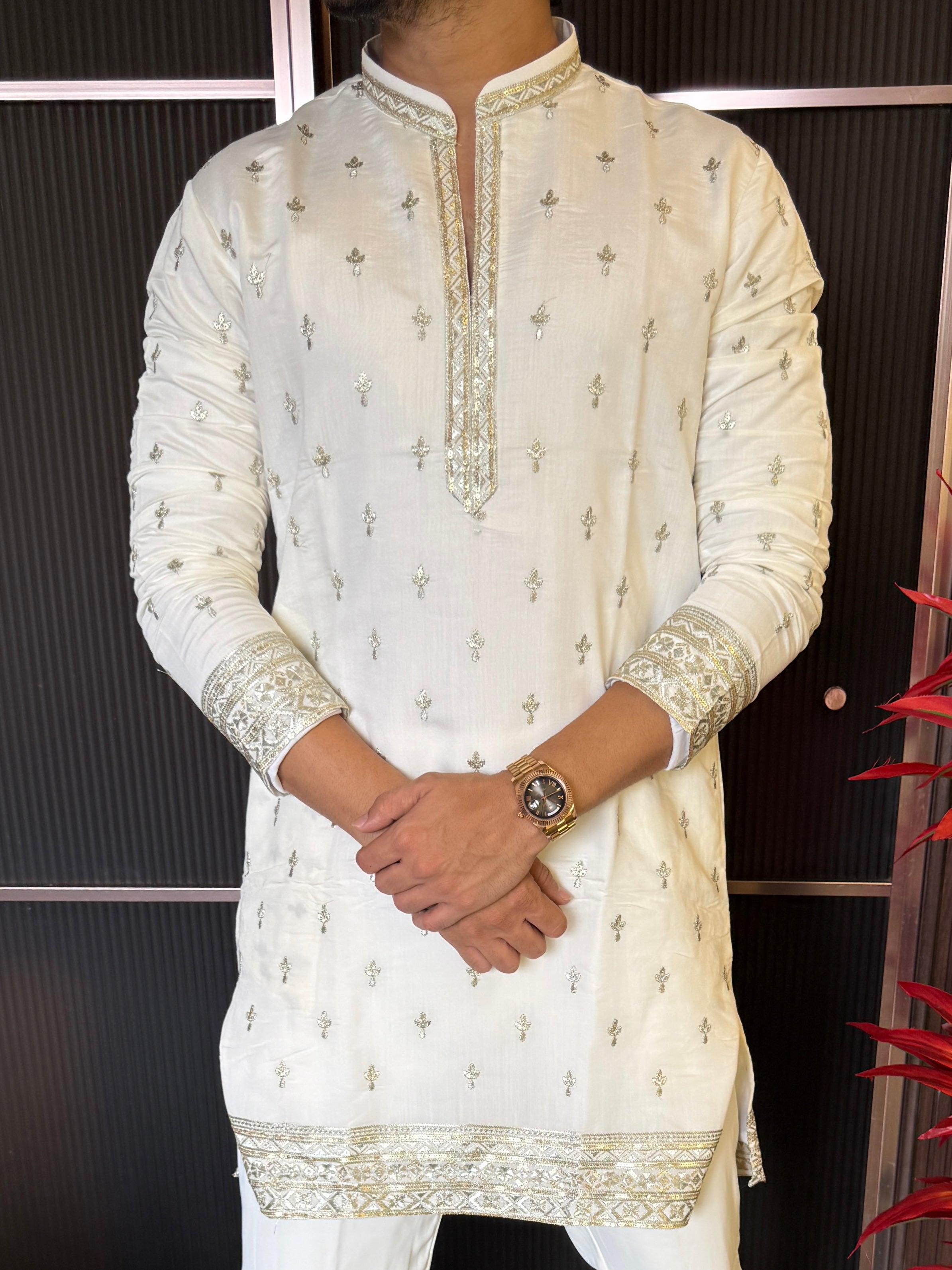 V Neck White Work Kurta