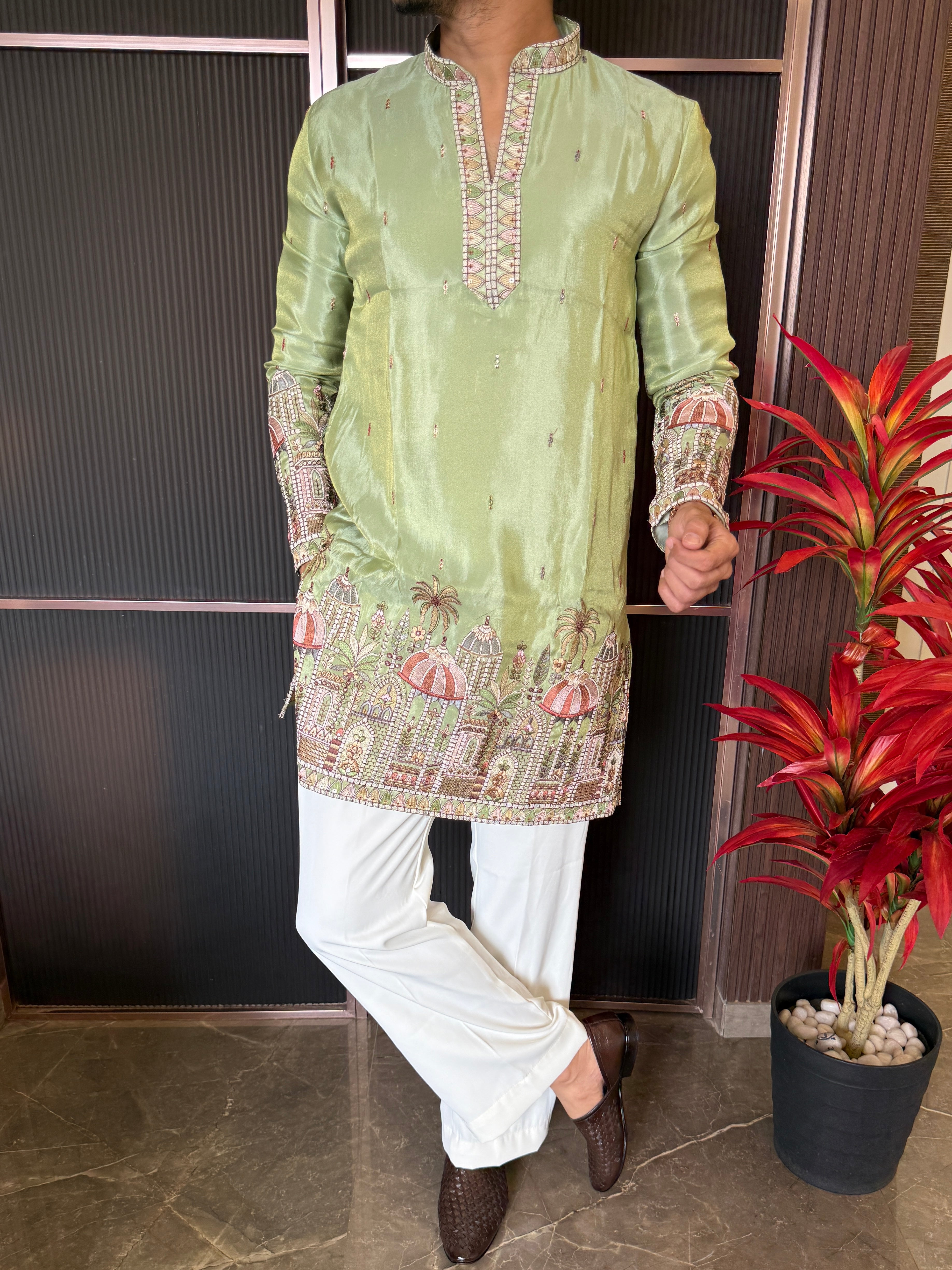 Shimmer Premium Handwork Green Kurta