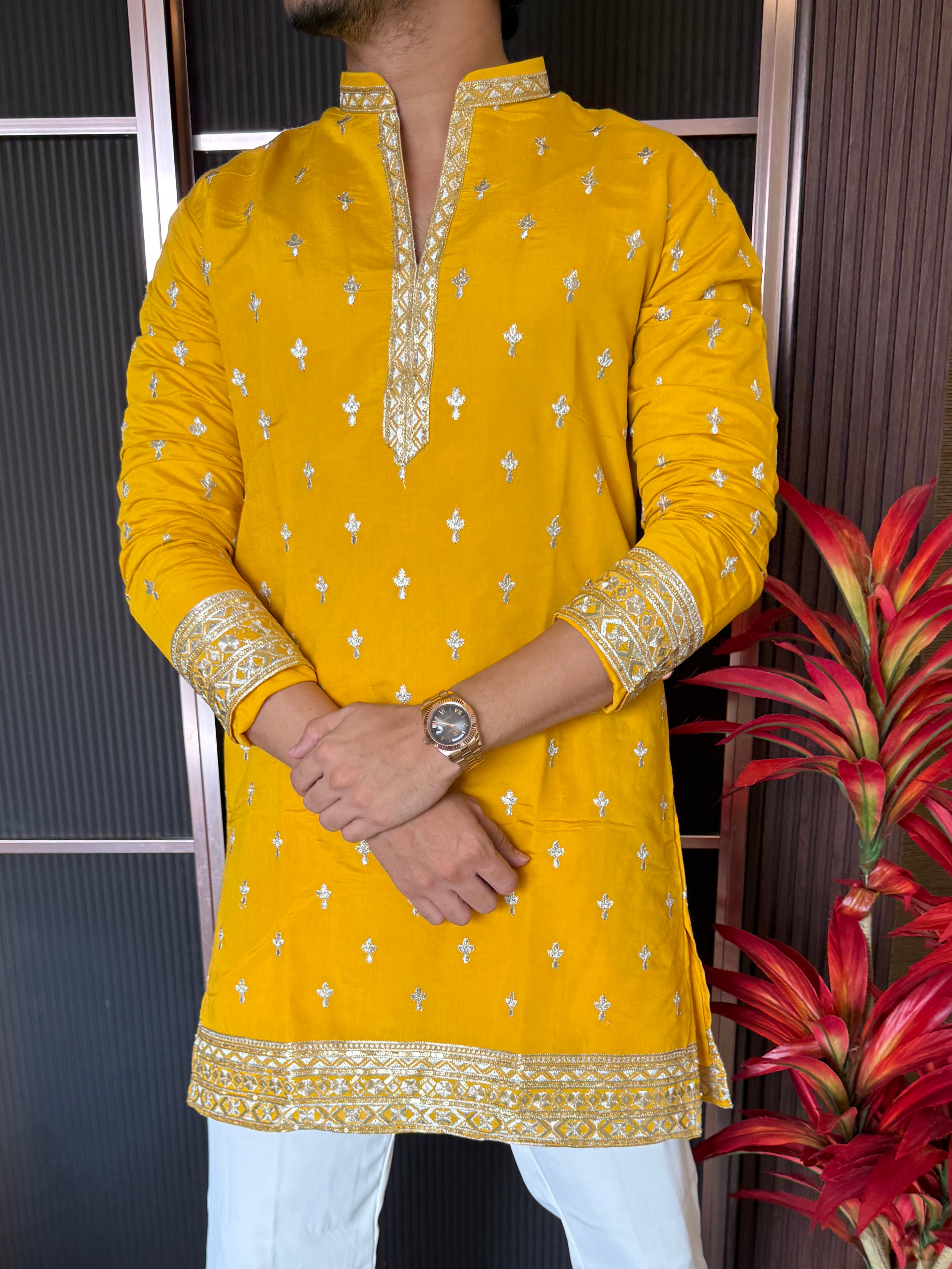 V Neck Yellow Work Kurta