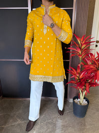 V Neck Yellow Work Kurta