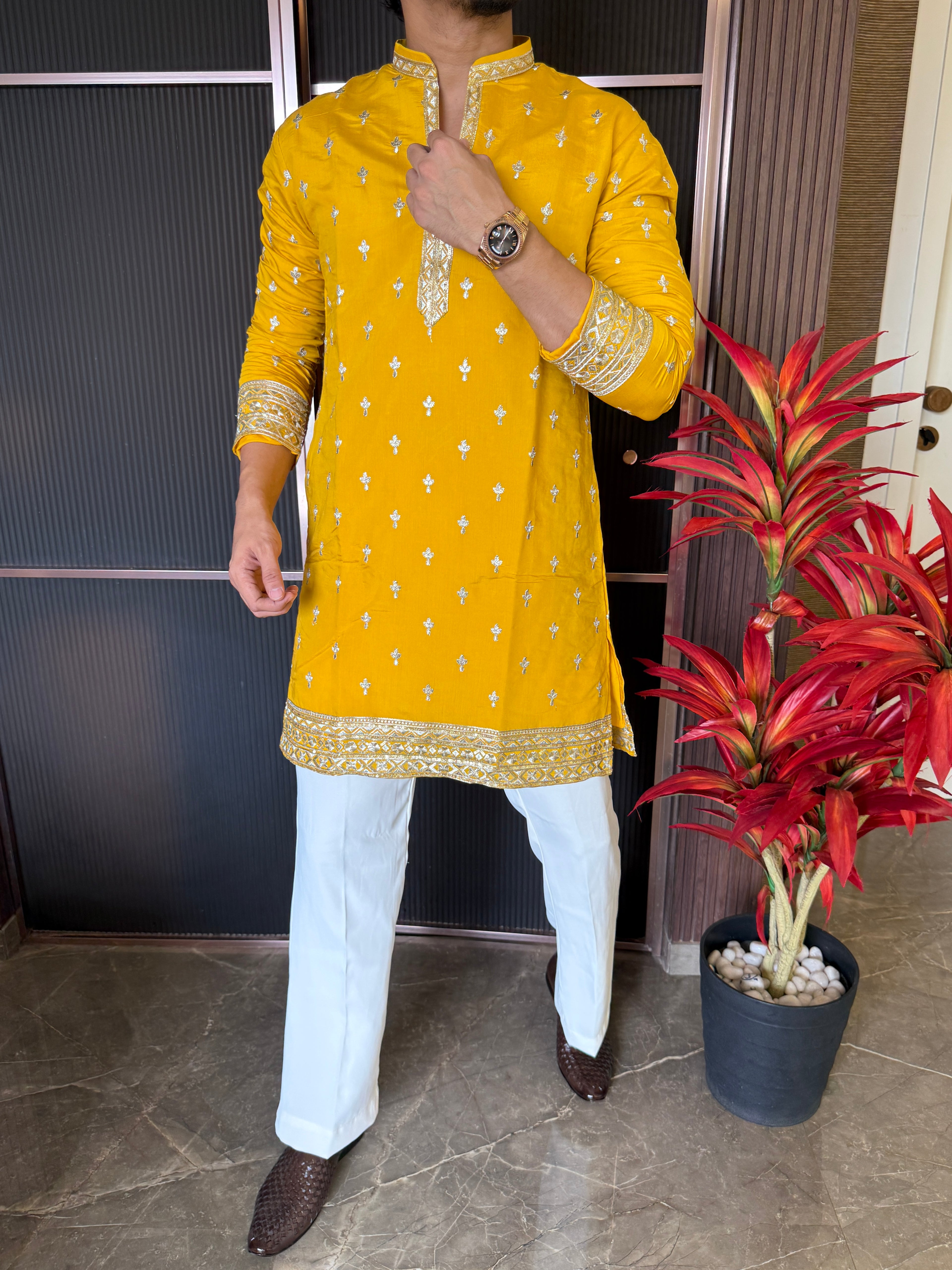 V Neck Yellow Work Kurta