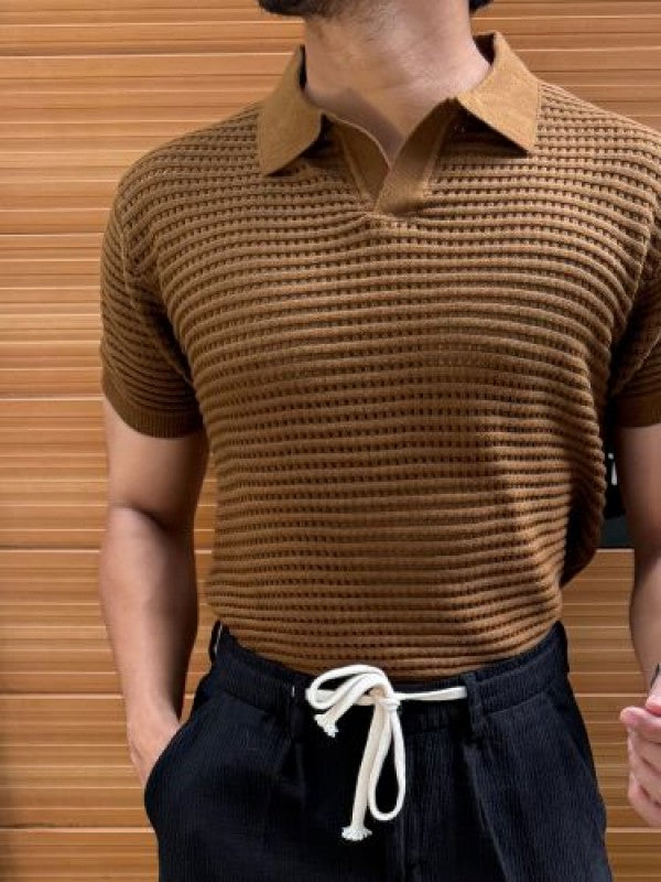 knitted Heavy Camel Collar T shirt