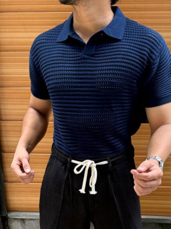 knitted Heavy Navy Collar T shirt