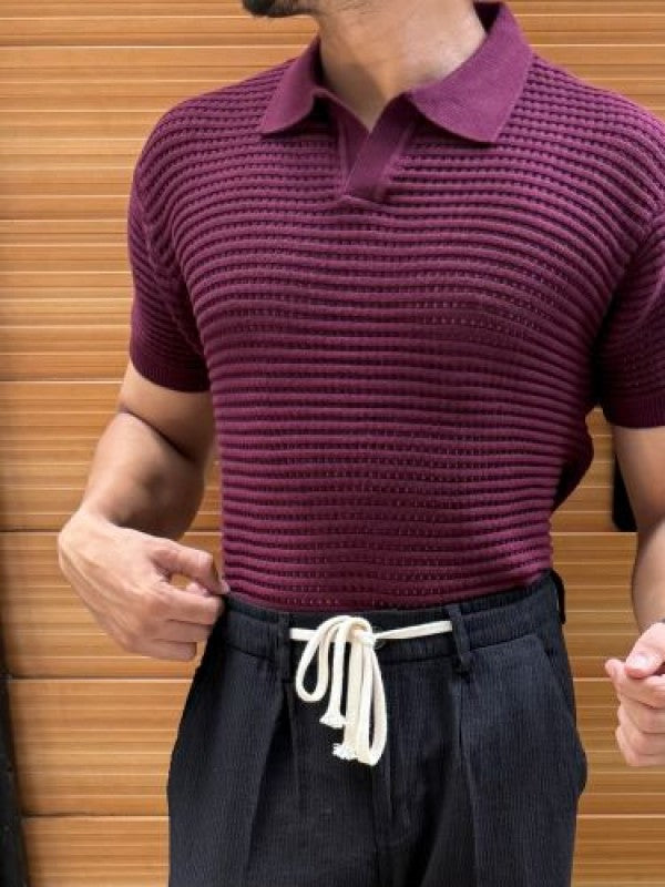 knitted Heavy Wine Collar T shirt