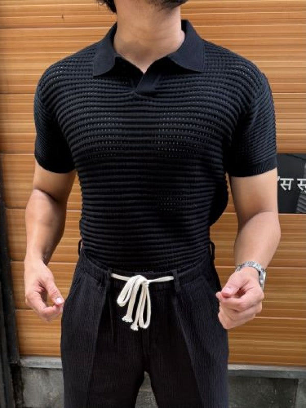 knitted Heavy Black Collar T shirt