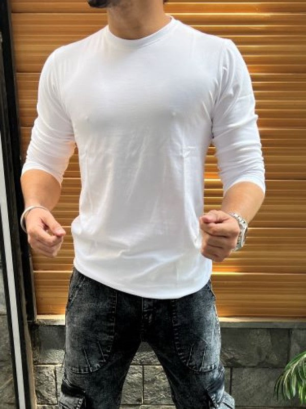 Smooth Cotton Lycra White Fullsleeve Tshirt