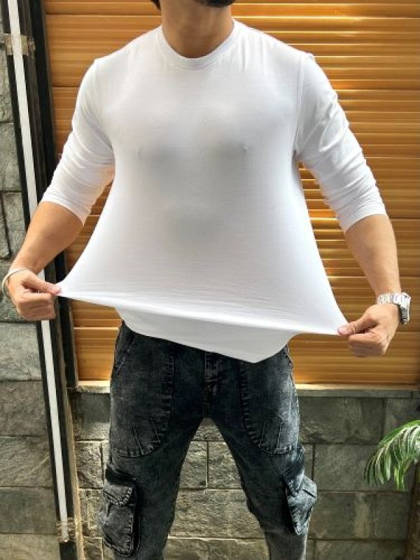 Smooth Cotton Lycra White Fullsleeve Tshirt