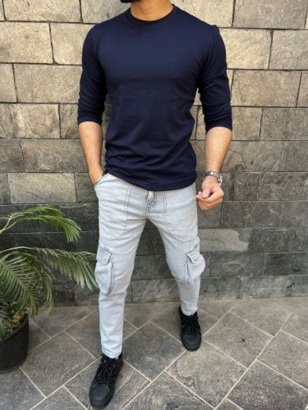 Smooth Cotton Lycra  Navy Fullsleeve Tshirt