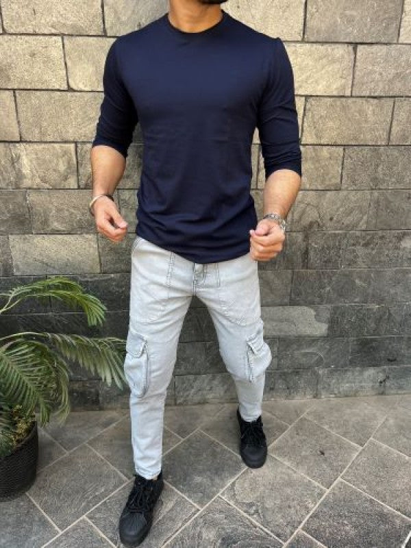 Smooth Cotton Lycra  Navy Fullsleeve Tshirt