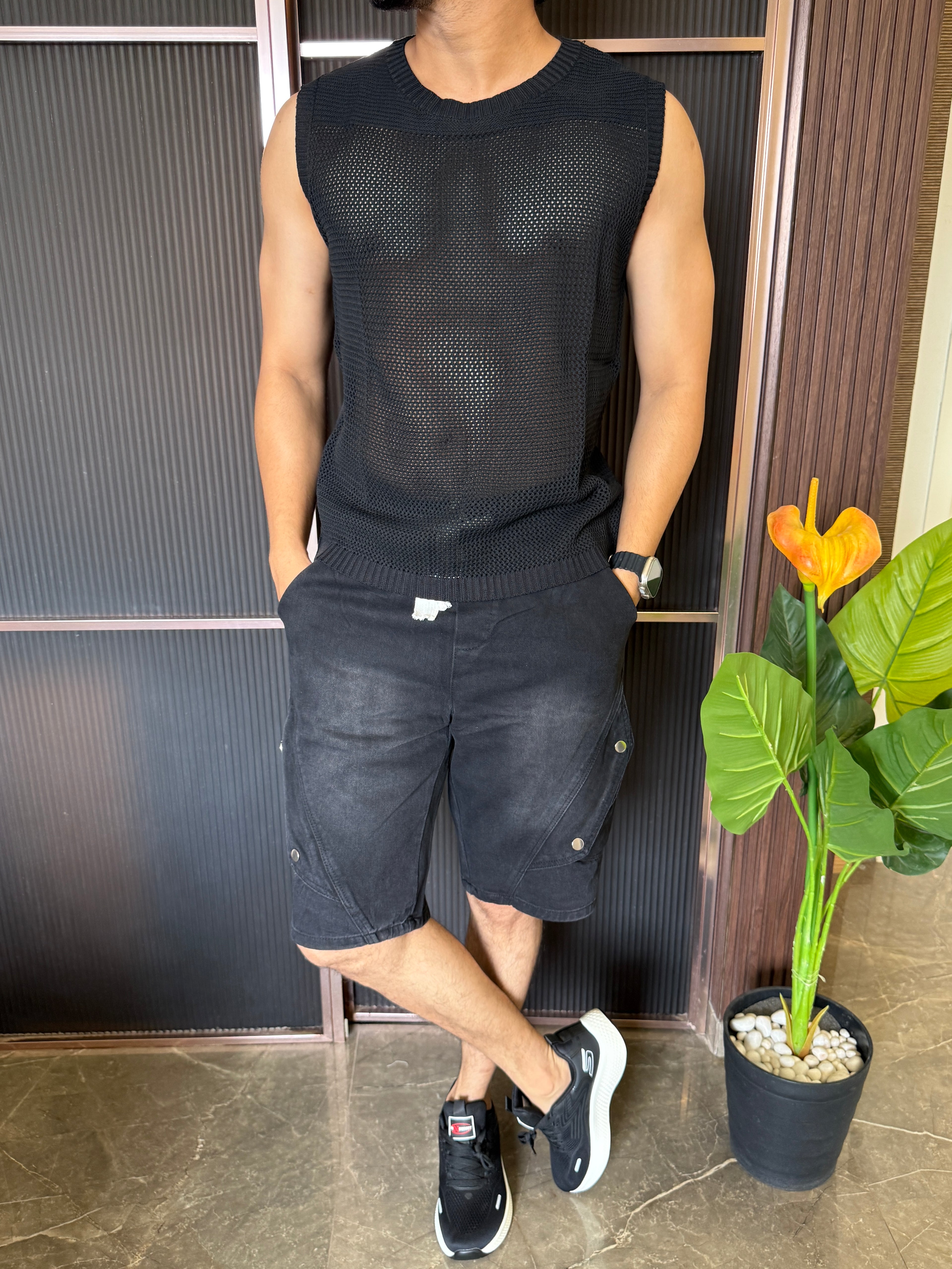 Imported Knit Net Style Black Tank
