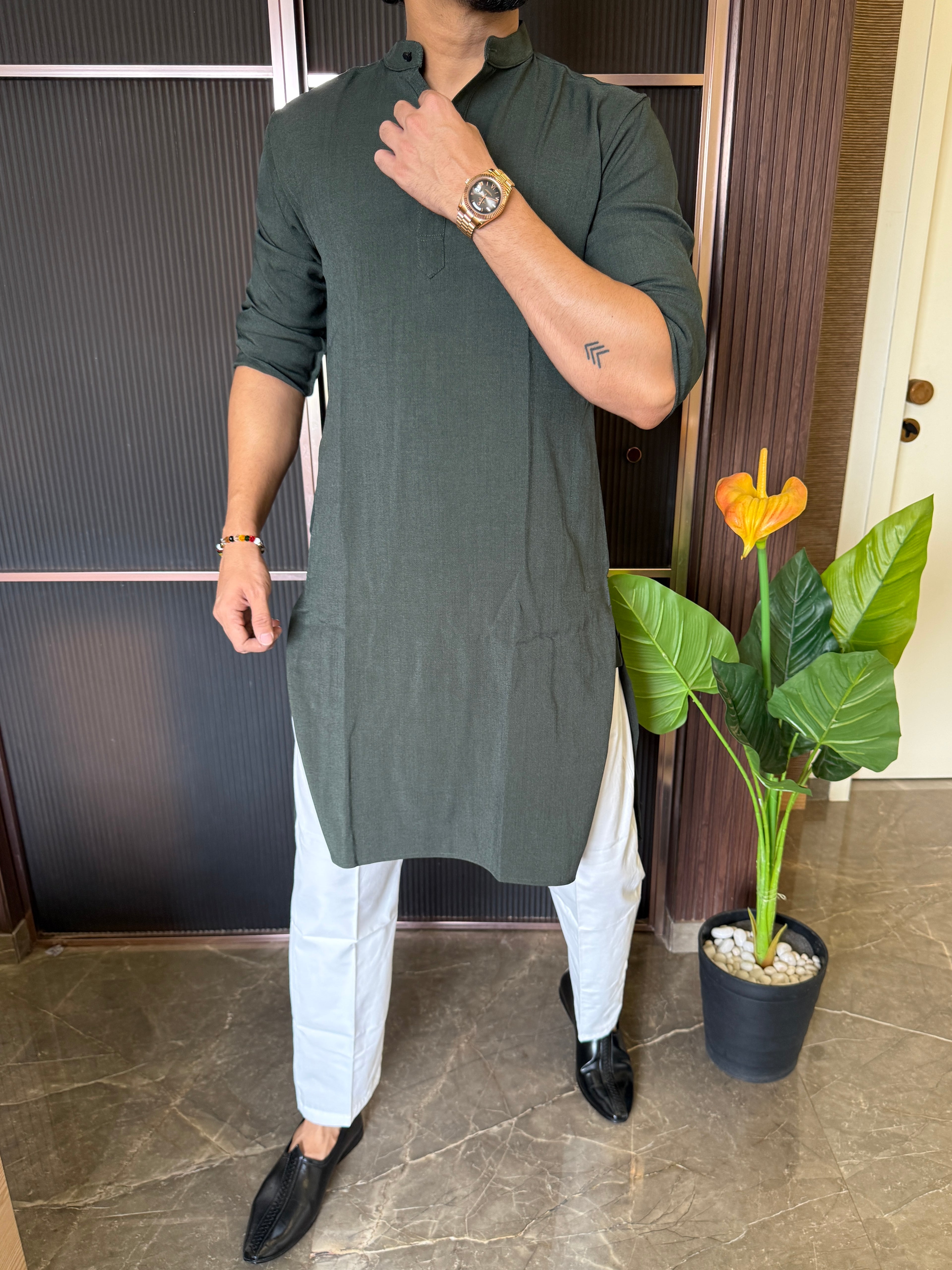 Plain Stretchable Olive Kurta