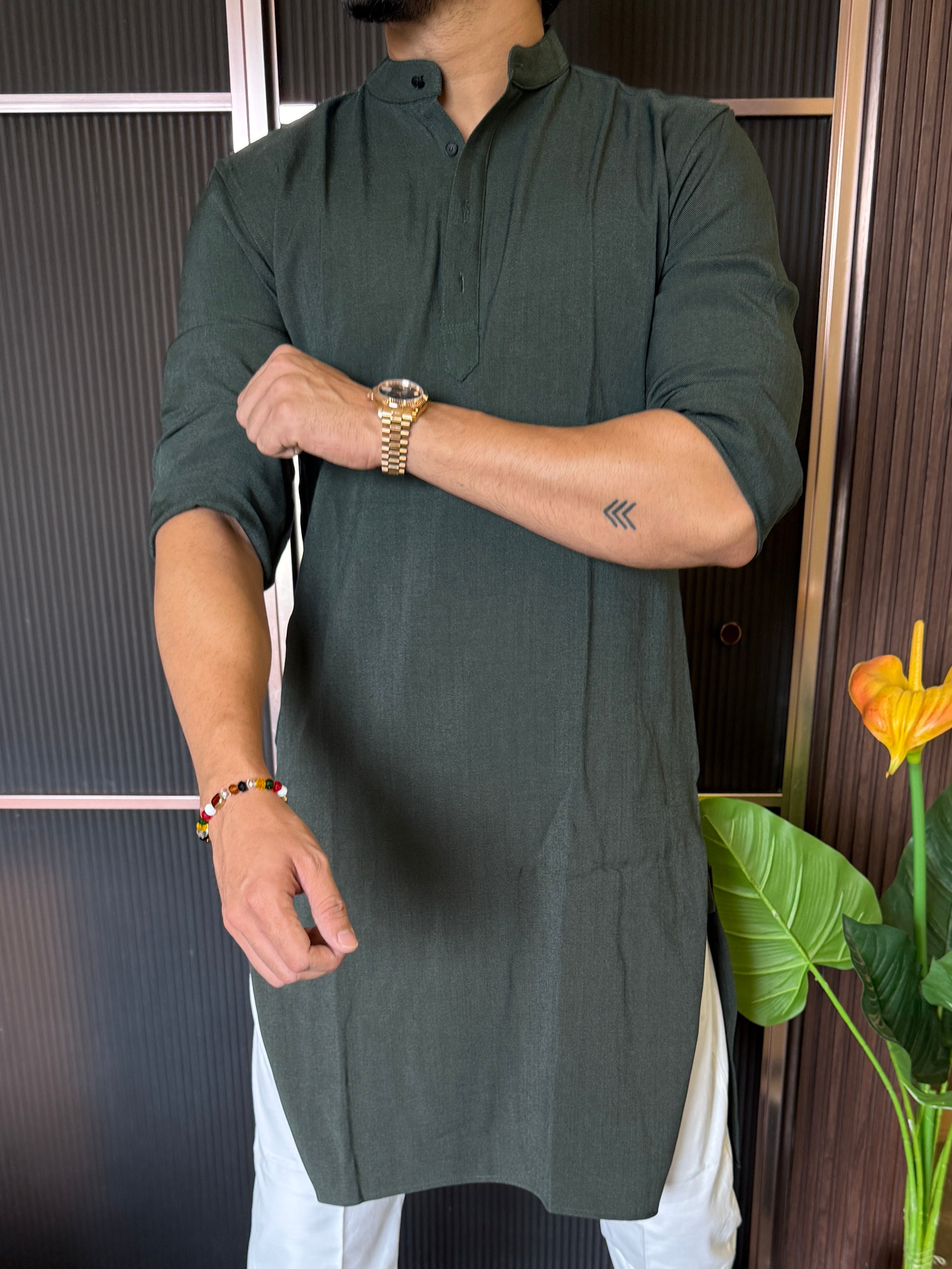 Plain Stretchable Olive Kurta