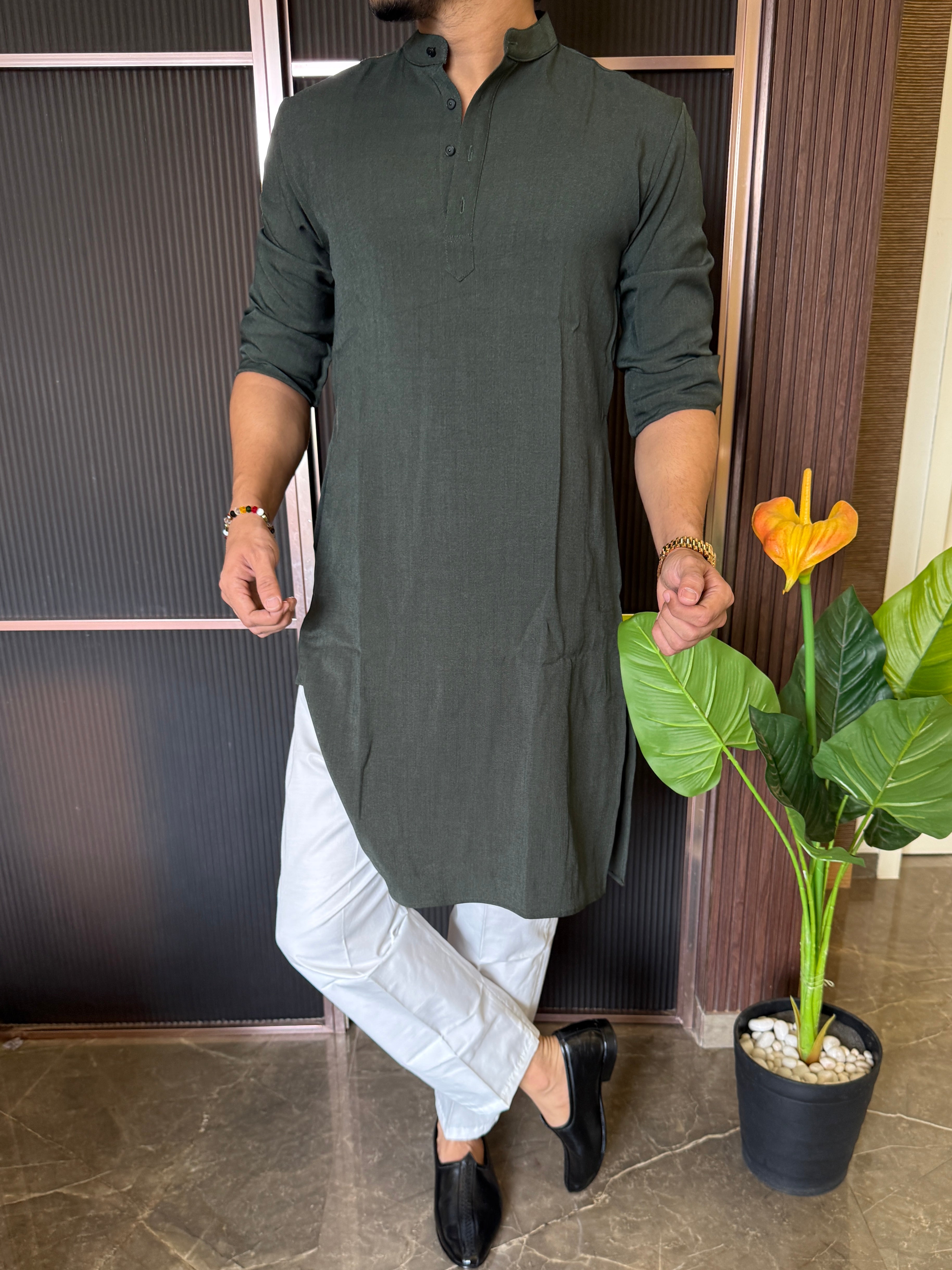 Plain Stretchable Olive Kurta