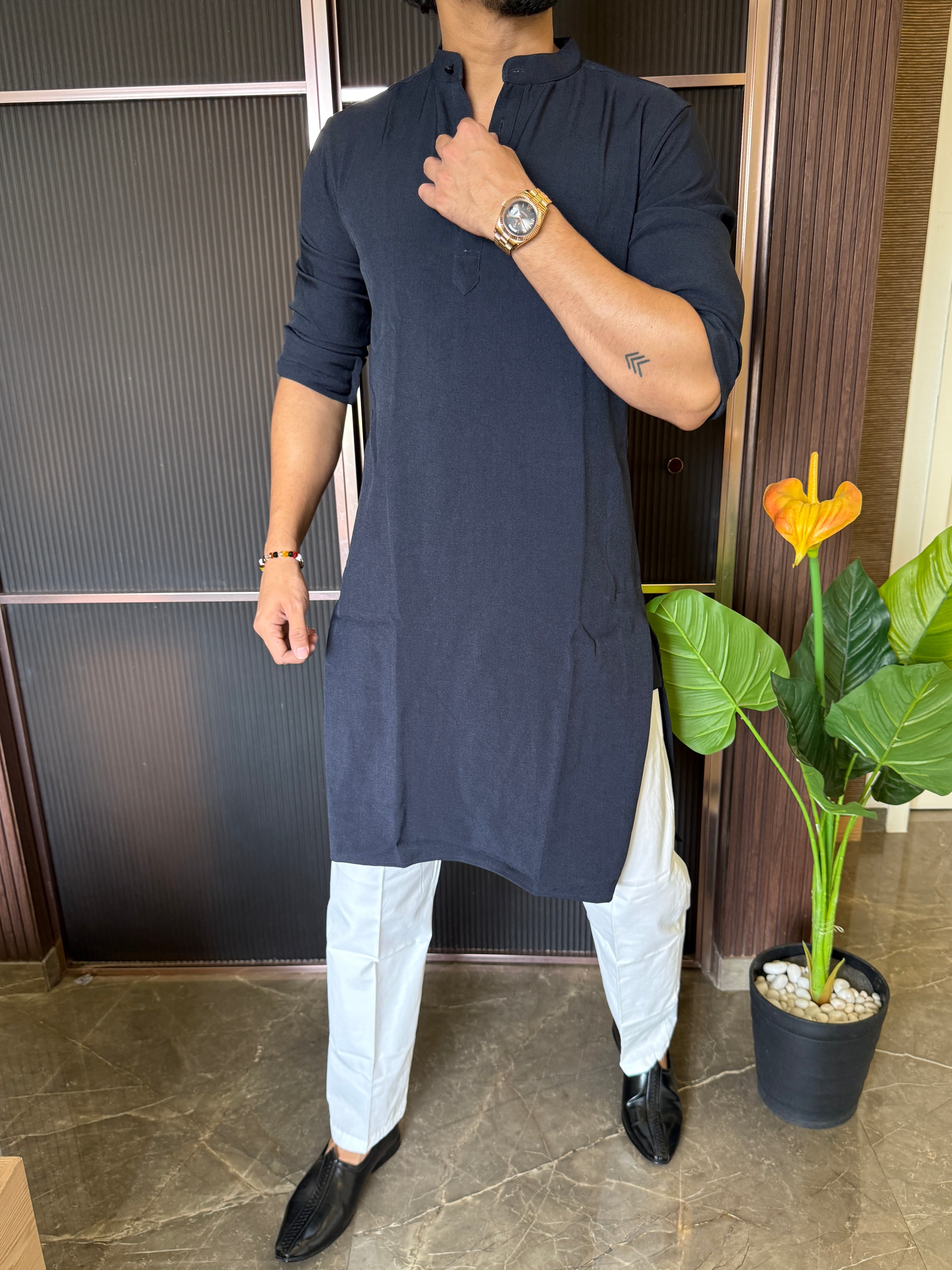 Plain Stretchable Navy Kurta