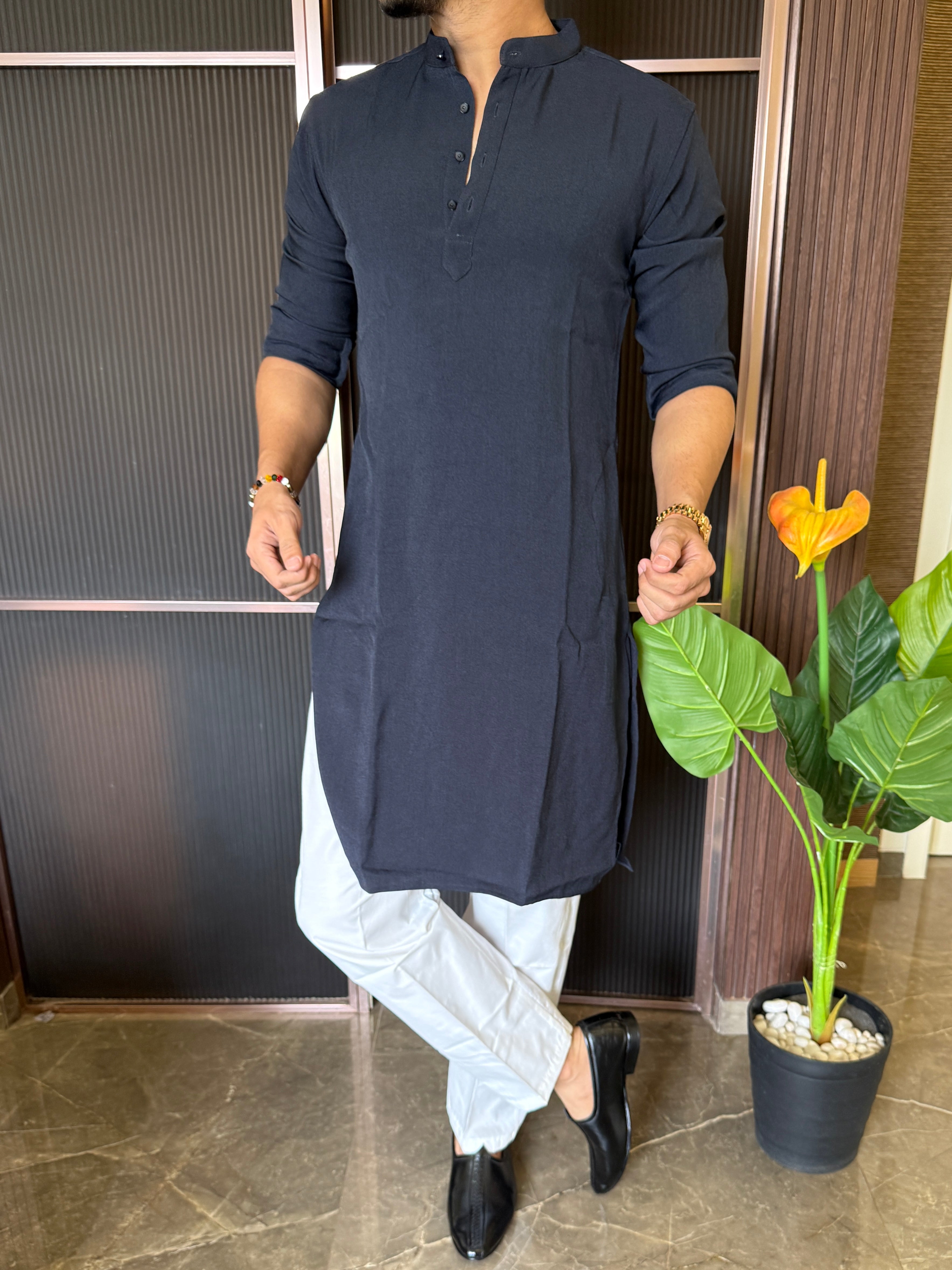 Plain Stretchable Navy Kurta