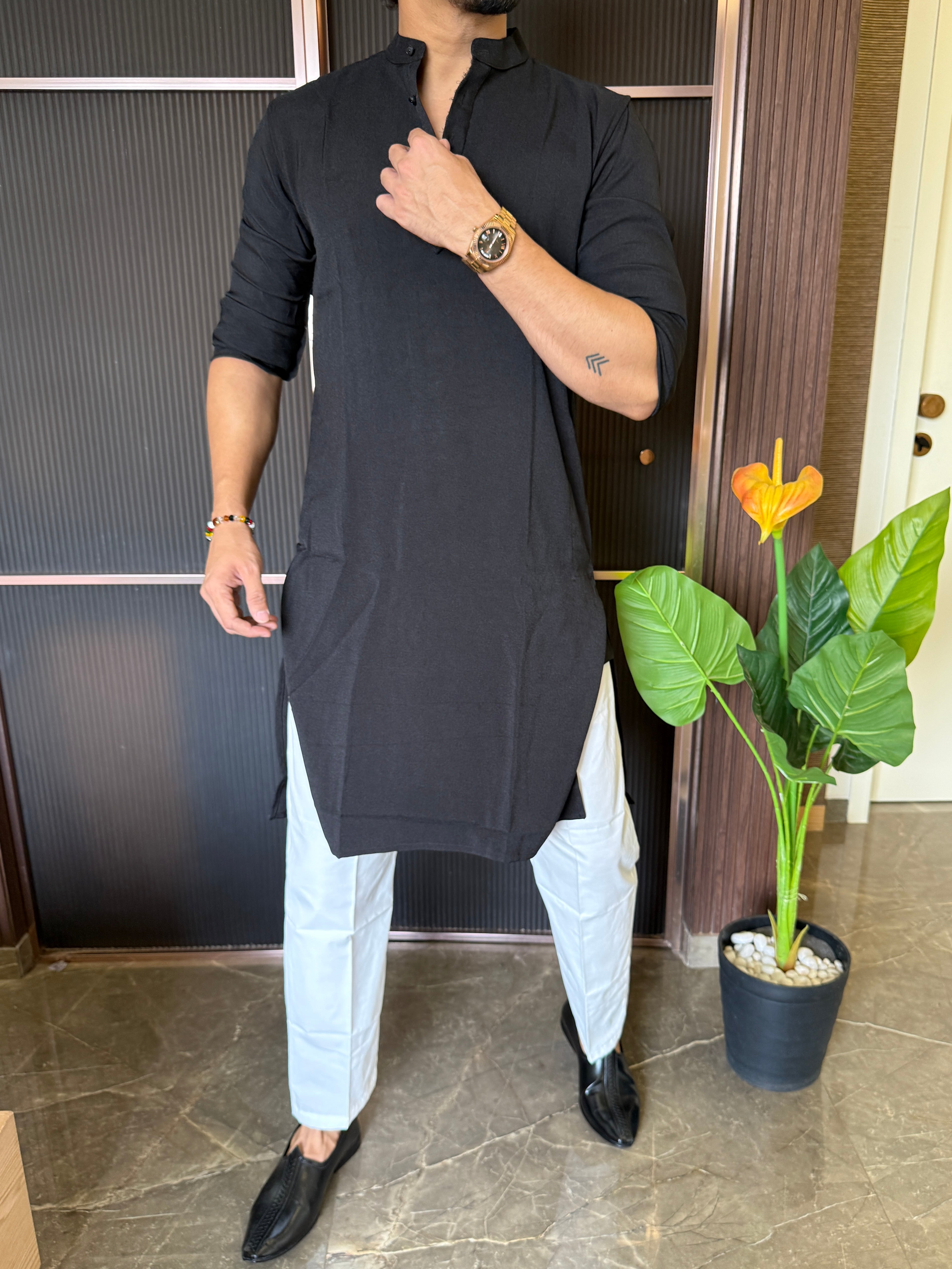 Plain Stretchable Black Kurta