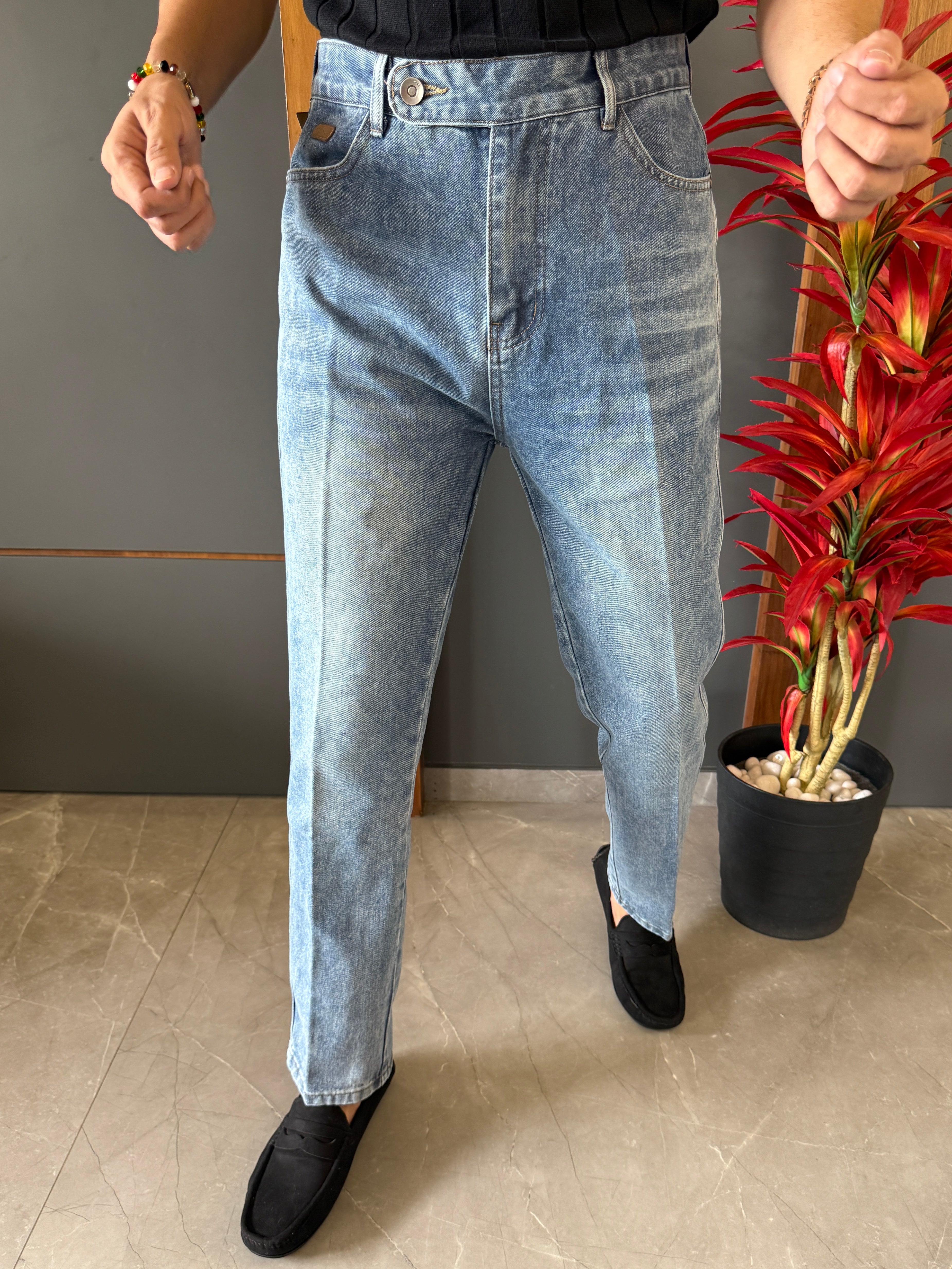 Korean Front Pleated Blue Jeans