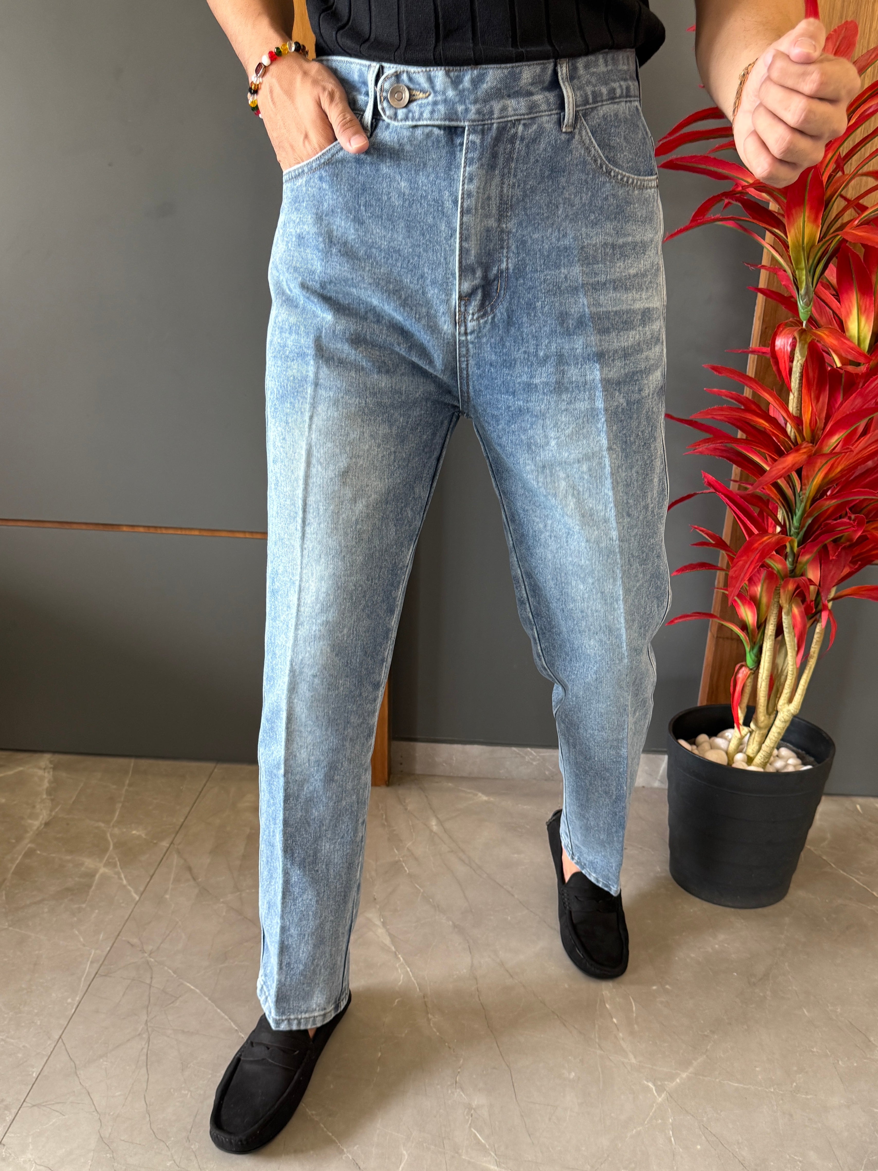 Korean Front Pleated Blue Jeans