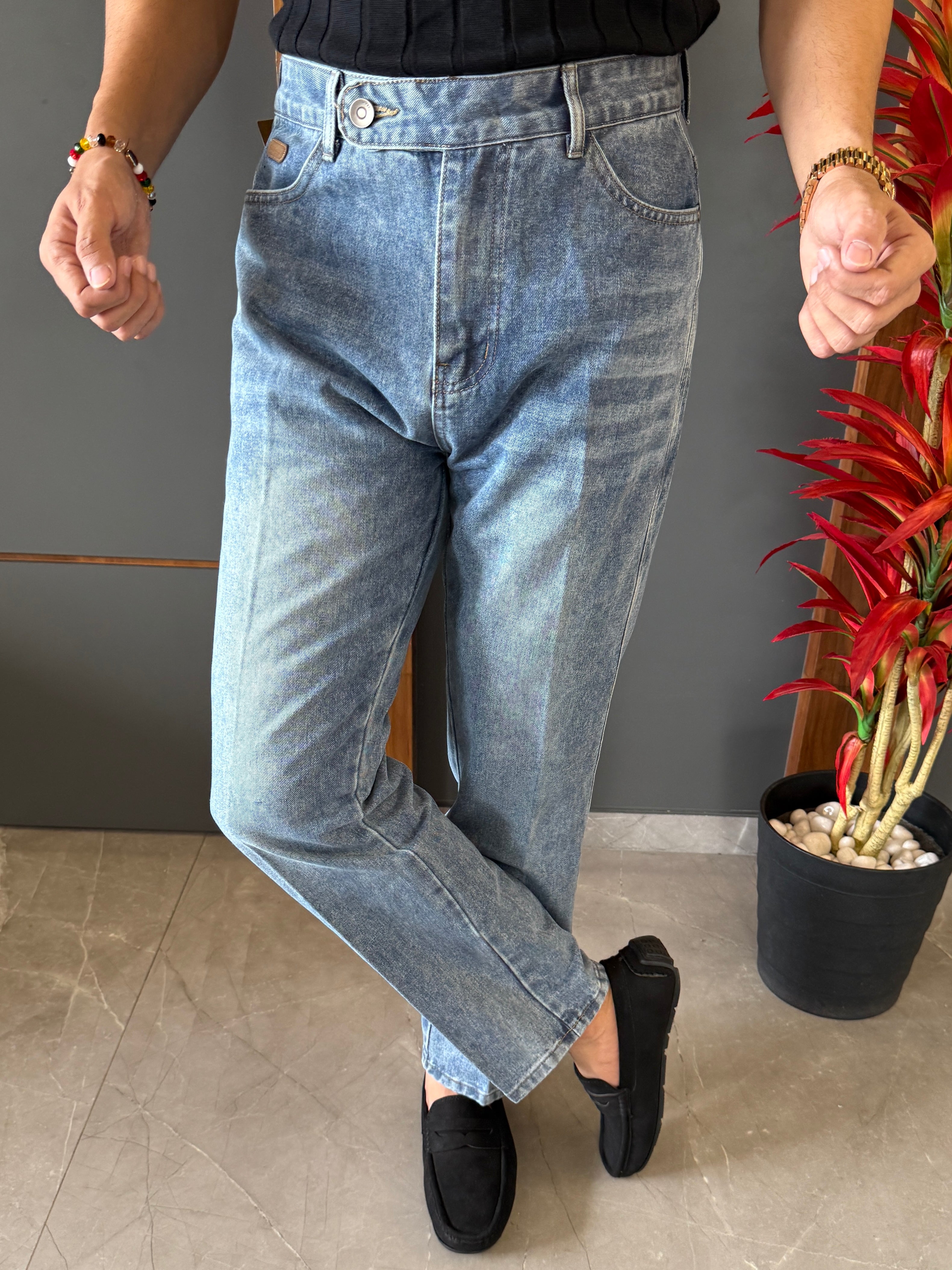 Korean Front Pleated Blue Jeans