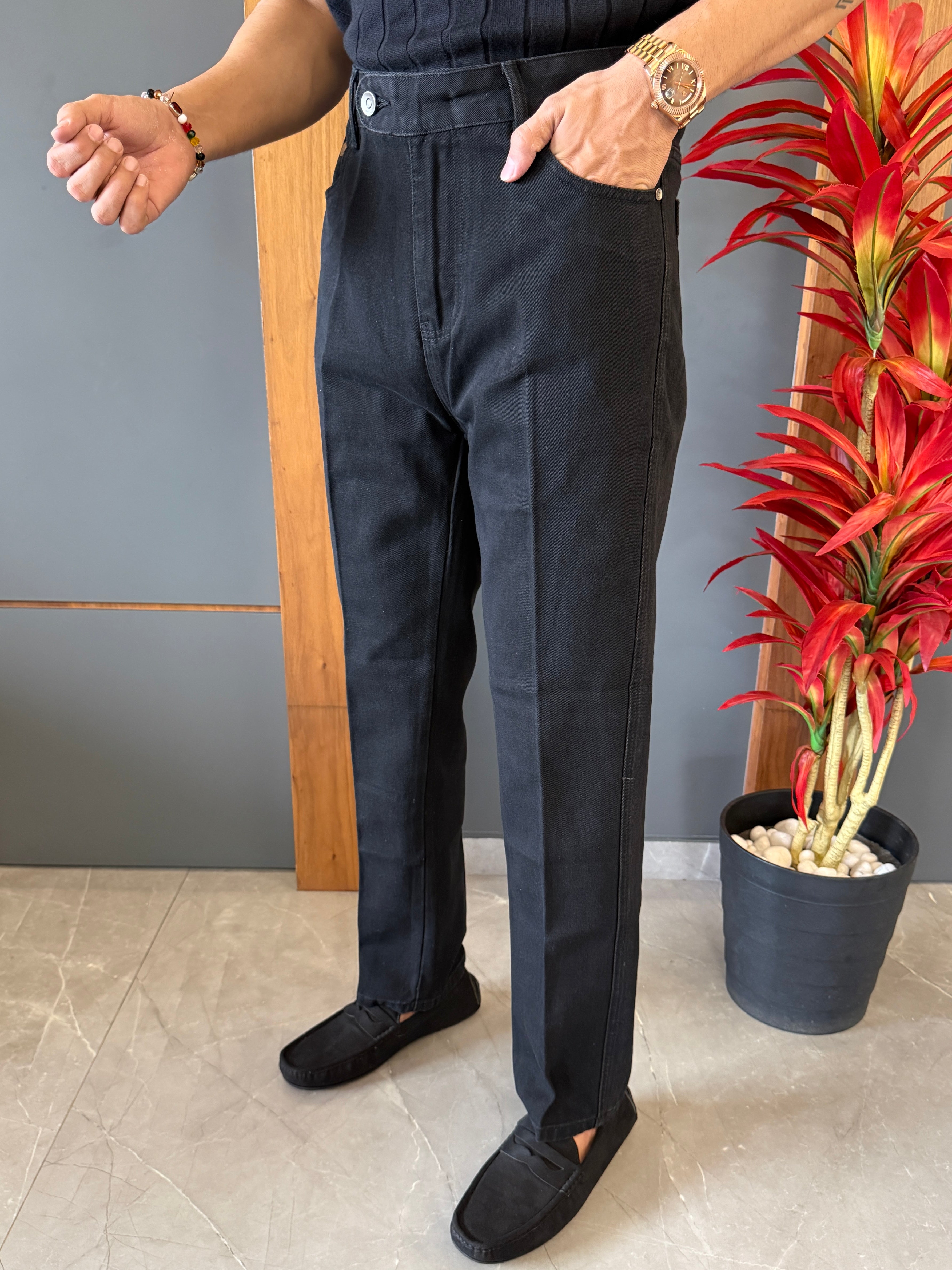 Korean Front Pleated Black Jeans