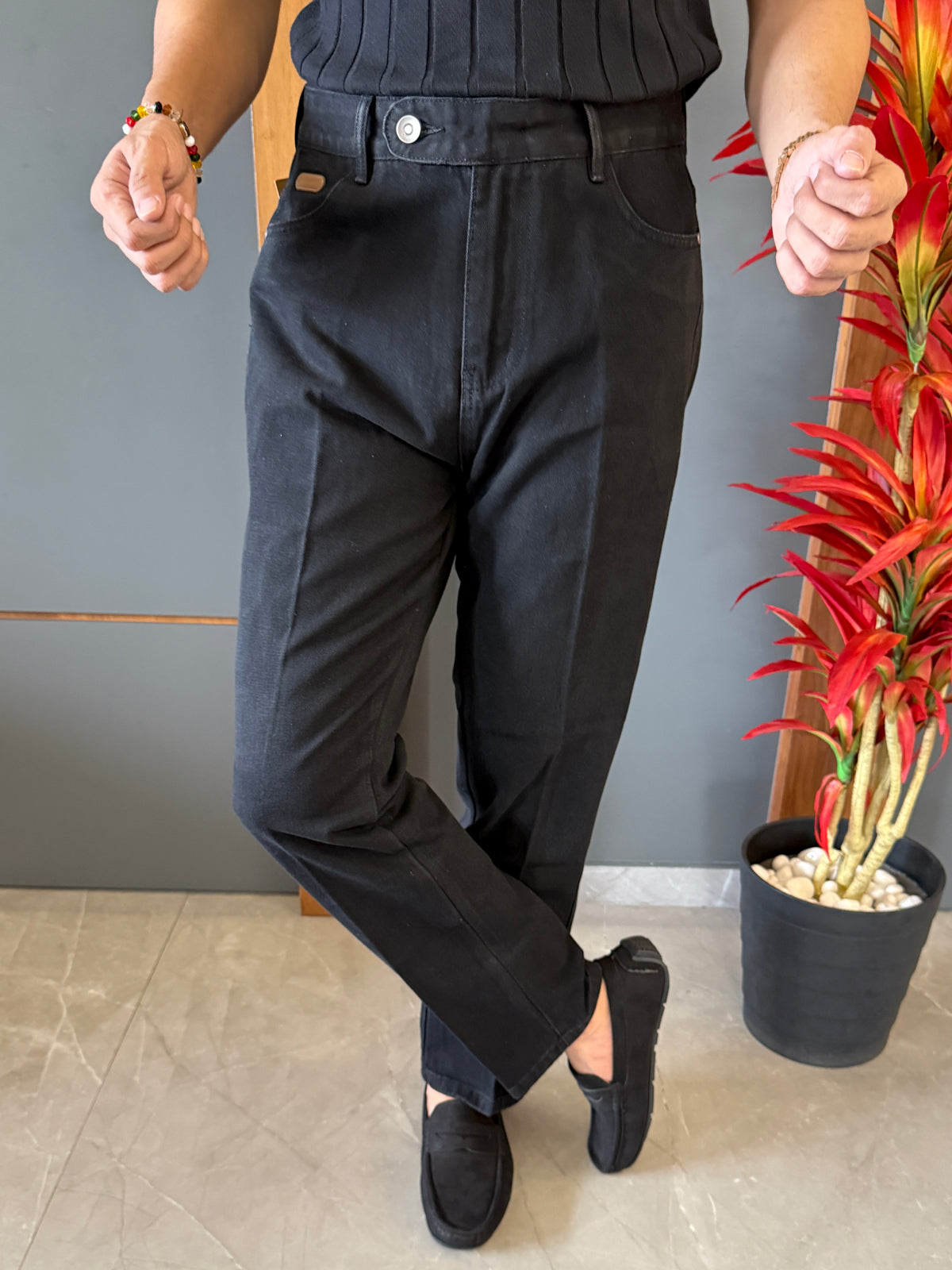 Korean Front Pleated Black Jeans