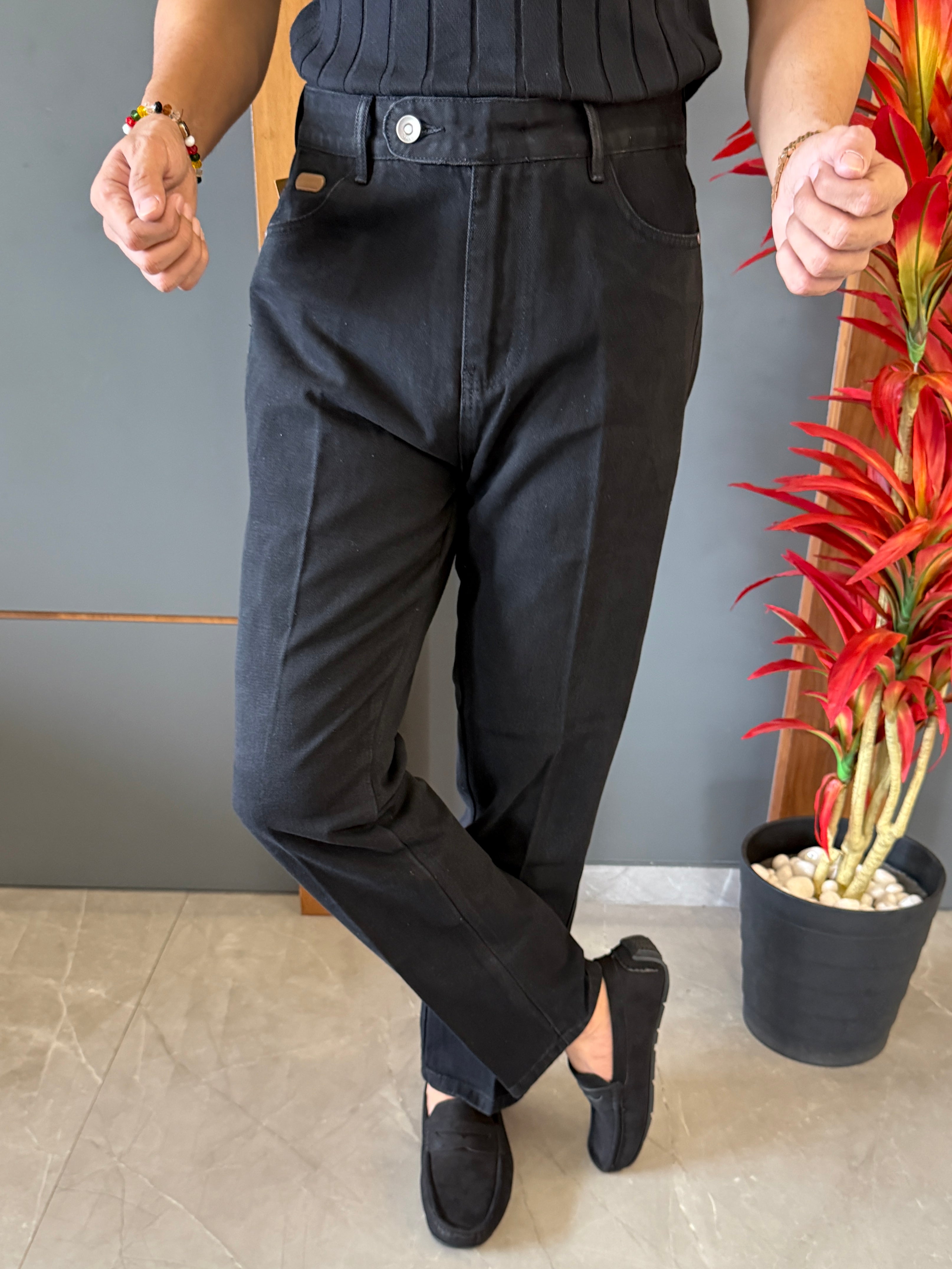 Korean Front Pleated Black Jeans