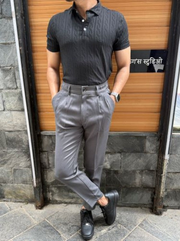 Imported self Textured Black Collar T shirt