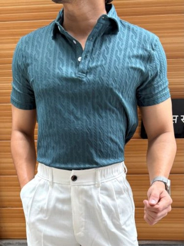 Imported self Textured Blue Collar T shirt
