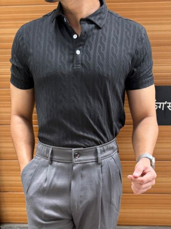 Imported self Textured Black Collar T shirt