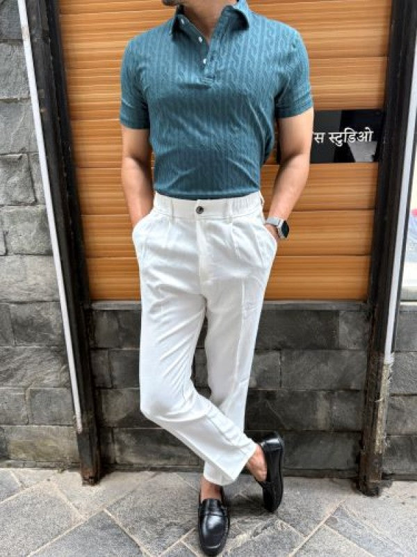Imported self Textured Blue Collar T shirt