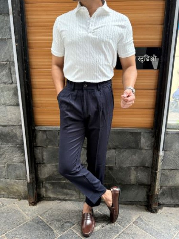 Imported self Textured White Collar T shirt