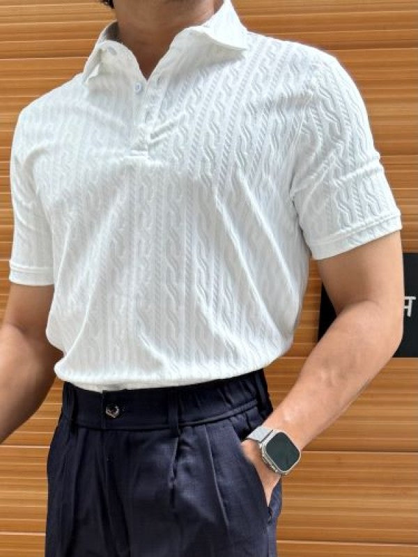 Imported self Textured White Collar T shirt